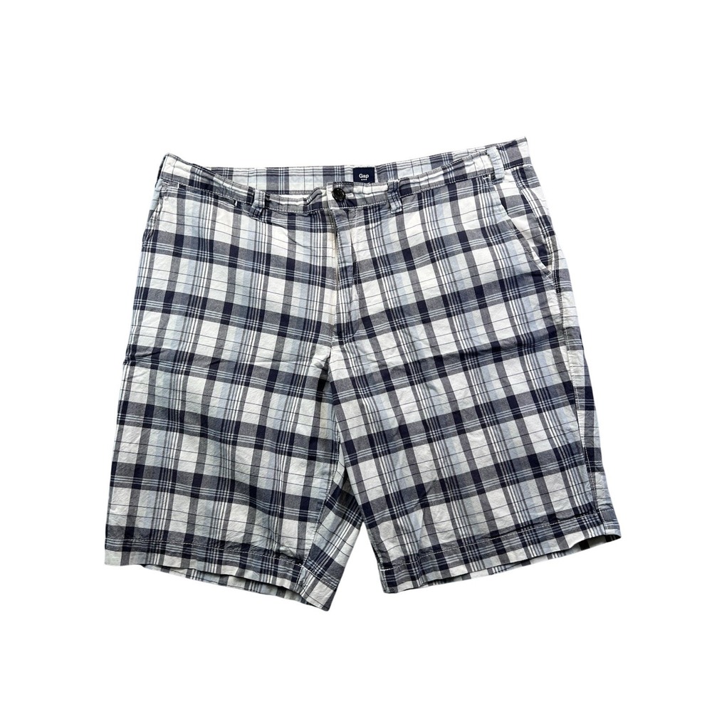 Gap Shorts Plaid Flat Front Cotton Bermuda 9.5" Long Chino Mens 38 White & Blue